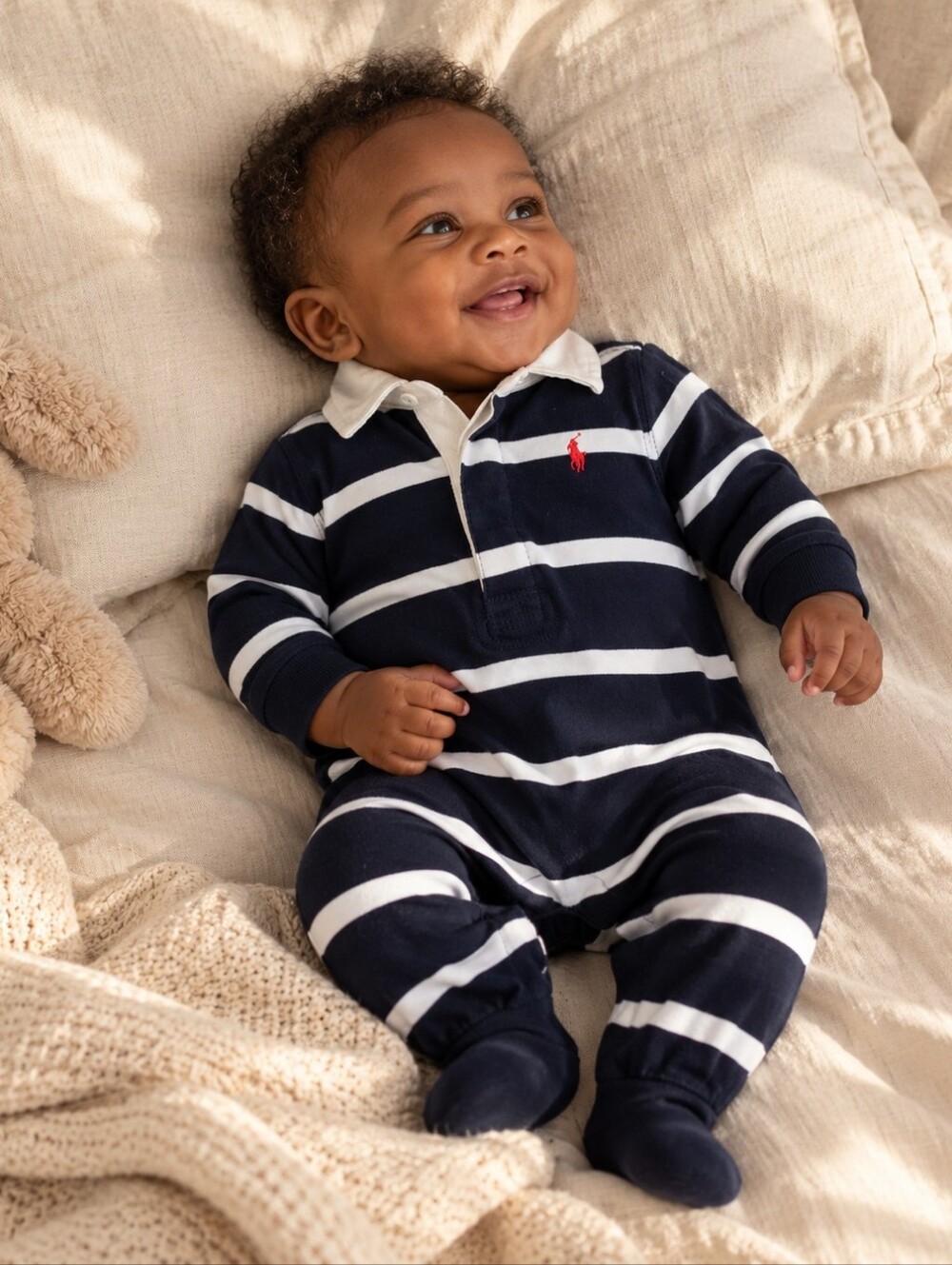 Ralph Lauren Baby 3M Navy White Striped Rugby Romper Red Pony Coverall